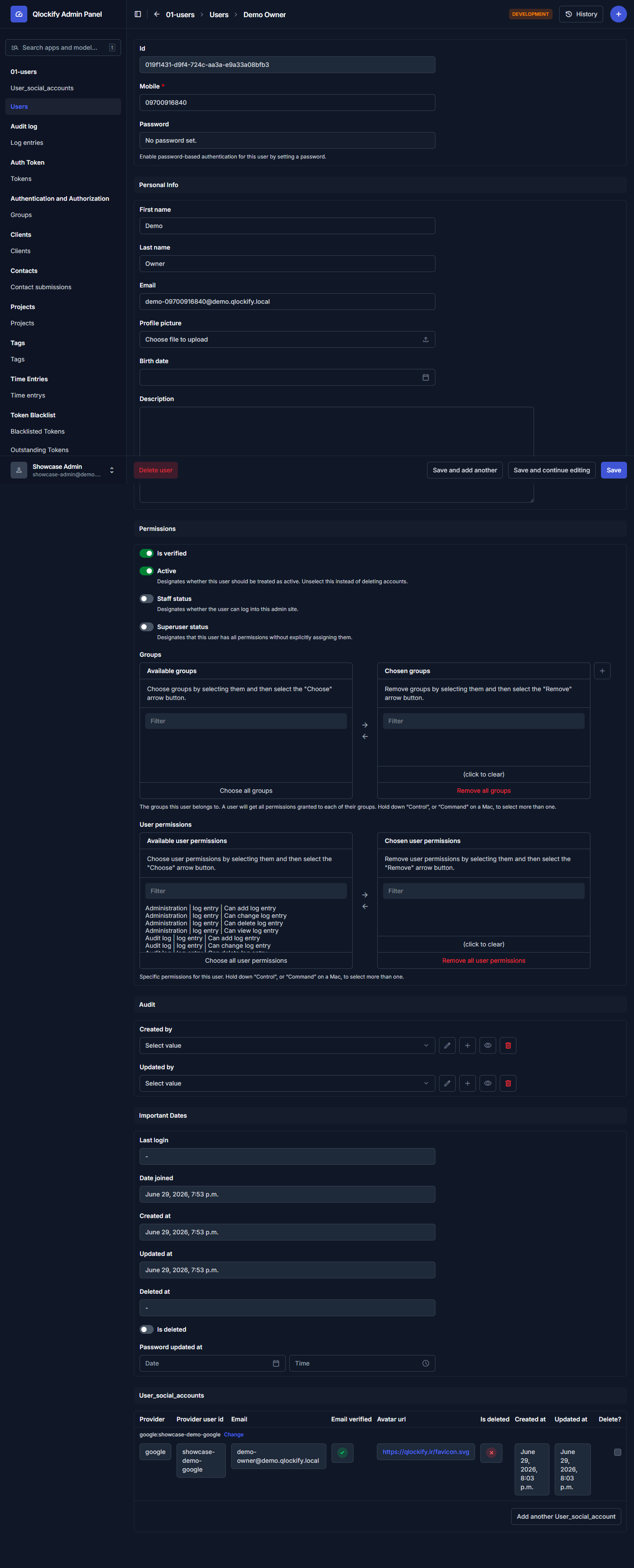 Admin user detail with social account inline
