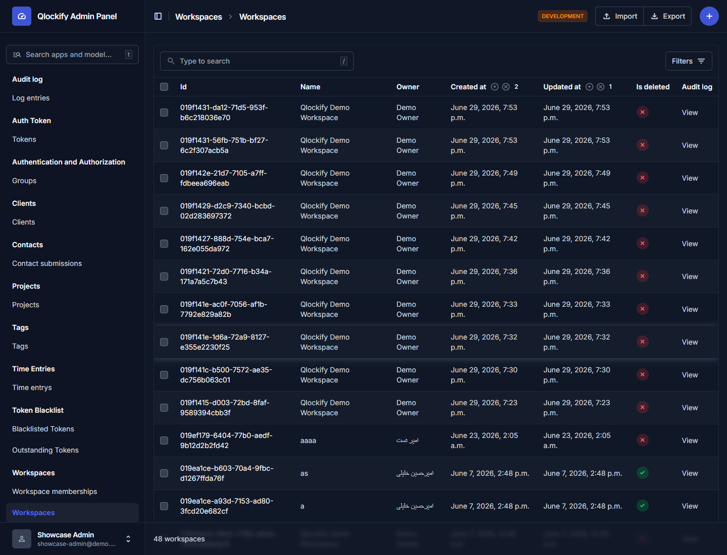 Admin workspaces list