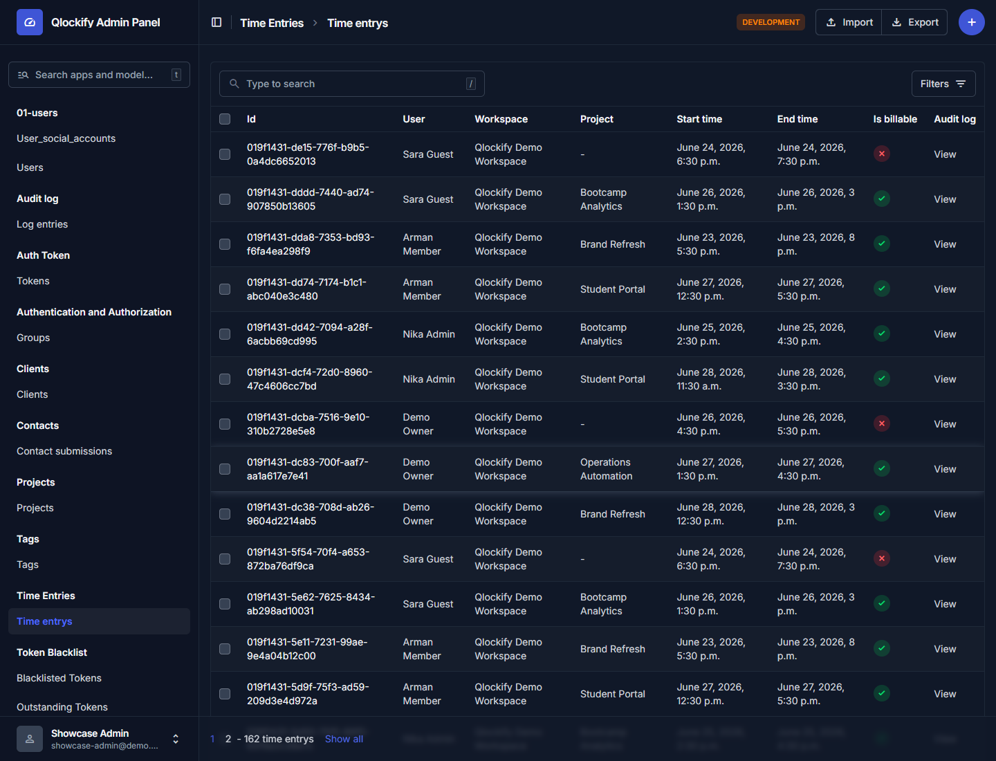 Admin time entries list