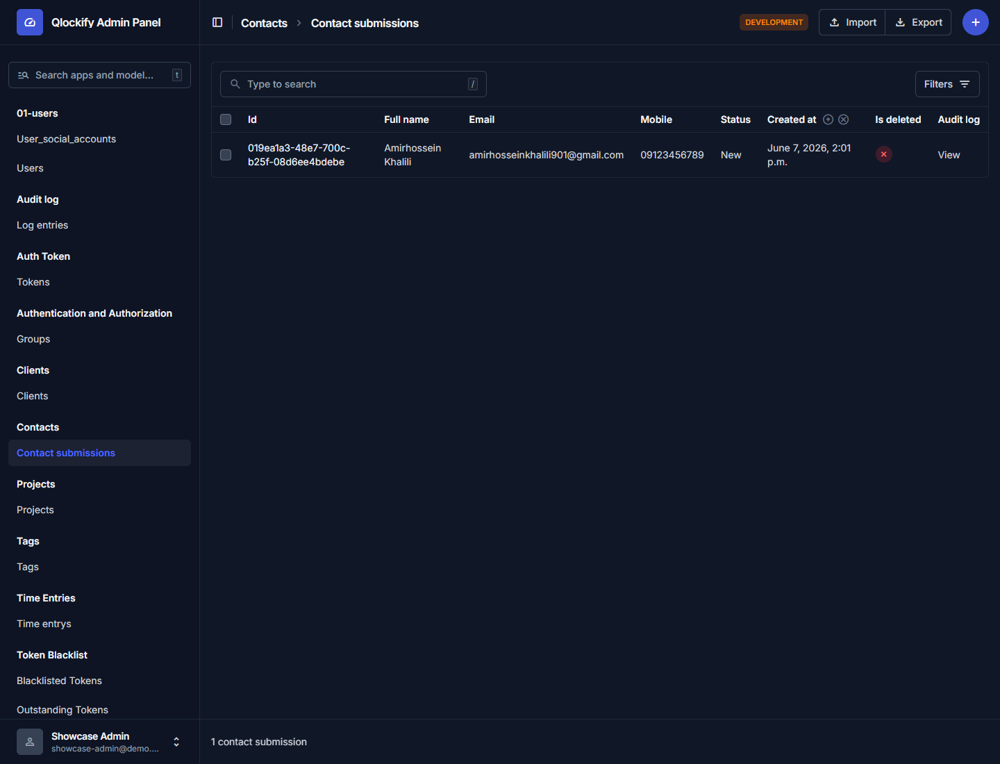 Admin contact submissions list