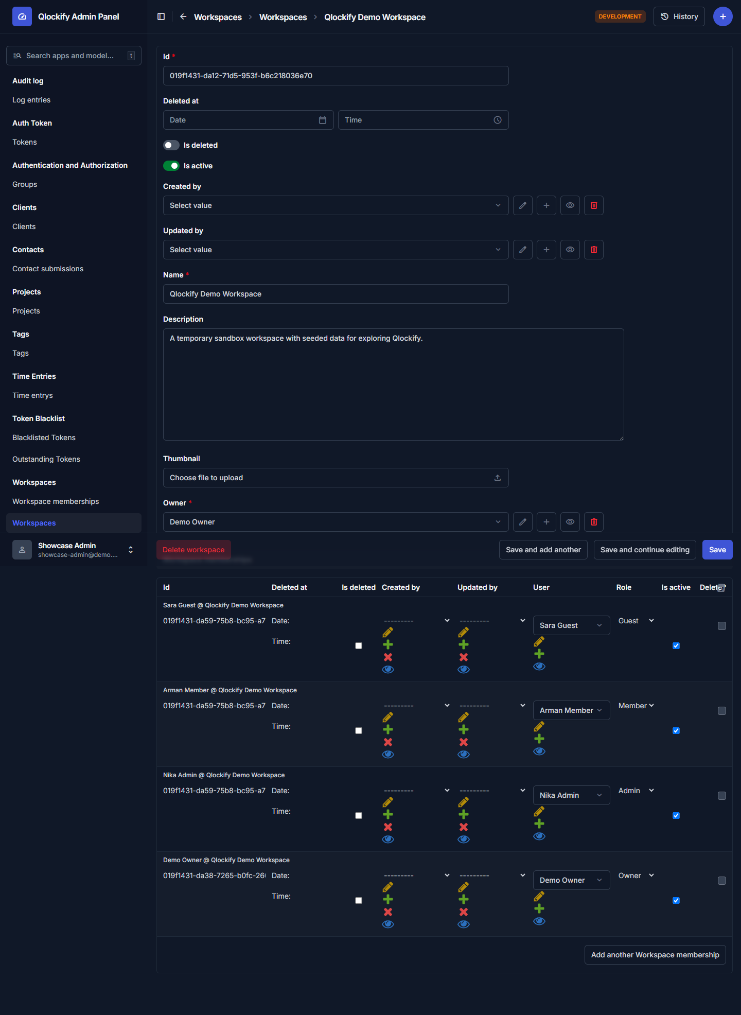 Admin workspace detail with member inline