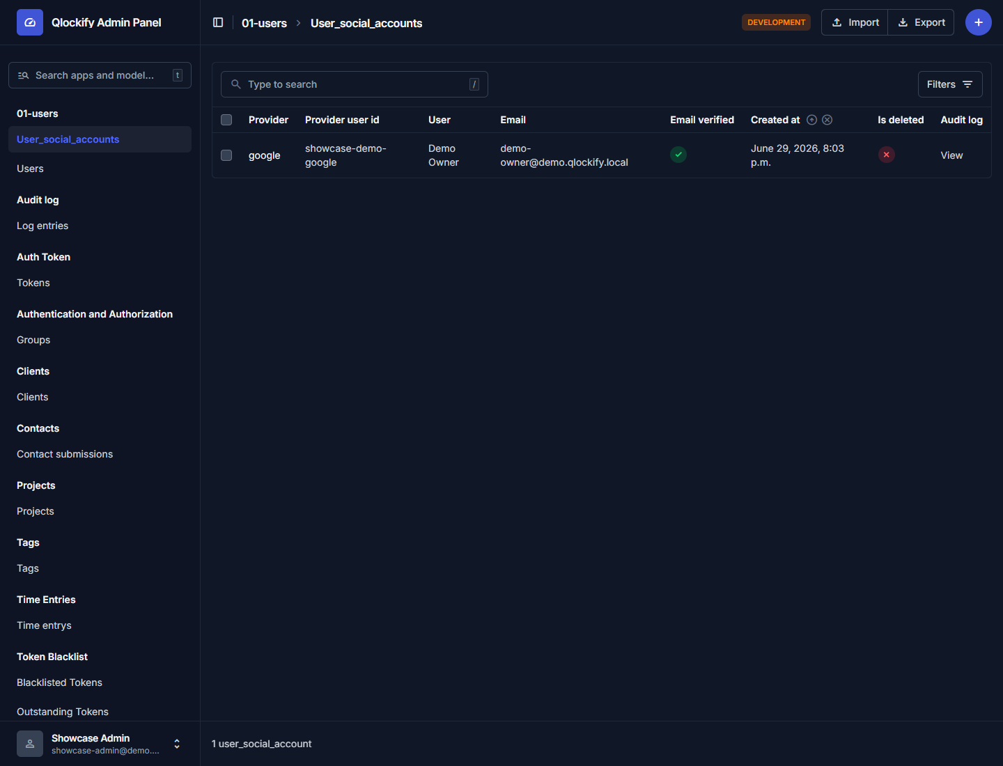 Admin social accounts list