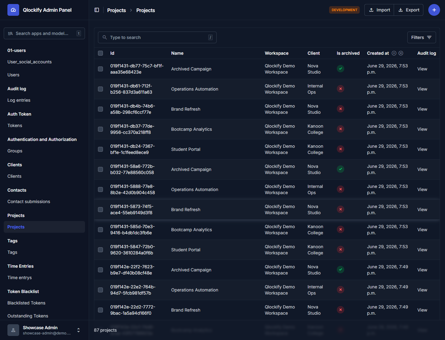 Admin projects list